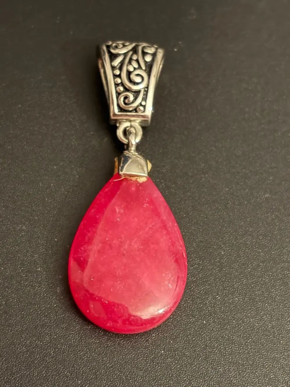 Vintage Genuine Pink Dyed Stone Teardrop Pendant Silver Tone